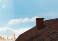 Roof with chimney and city under sky Royalty Free Stock Photo