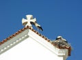 Roof closeup with storks nest at church Matriz de Nossa Senhora do Rosario Royalty Free Stock Photo