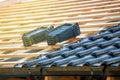 Roof construction with a burnt black tiles, house building Royalty Free Stock Photo
