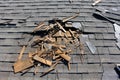 Roof construction site. Removal of old roof, replacement with new shingles, equipment and repair. Roofs are a very important part Royalty Free Stock Photo