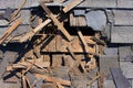 Roof construction site. Removal of old roof, replacement with new shingles, equipment and repair. Roofs are a very important part Royalty Free Stock Photo