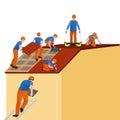 Roof construction worker repair home, build structure fixing rooftop tile house with labor equipment, roofer men with Royalty Free Stock Photo