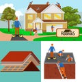 Roof construction worker repair home, build structure fixing rooftop tile house with labor equipment, roofer men with Royalty Free Stock Photo