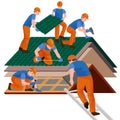 Roof construction worker repair home, build structure fixing rooftop tile house with labor equipment, roofer men with Royalty Free Stock Photo