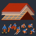 Roof construction worker repair home, build structure fixing rooftop tile house with labor equipment, roofer men with