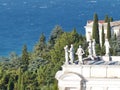 The roof is decorated with sculptural figures of female collective farmers. Sanatorium `Rodina`, built in 1950-1955