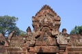 Decoration of Temple Banteay Srei, Cambodia. Carvings from Hindu mythology on walls Banteay Srei, Angkor Wat.