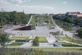 Roof garden of the Museum of Ethnography in city park in Budapest with green trees around