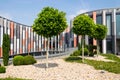 Roof garden terrace with brise soleil sun breakers on modern office building facade, heat protection, global warming, sustainable Royalty Free Stock Photo