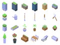 Roof gardening icons set isometric vector. Building house