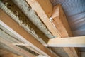 Roof heat isolation with mineral wool in wooden house, building under construction Royalty Free Stock Photo