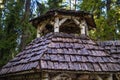 Roof of a hermit's house made of birch in Monrepos park in Vyborg