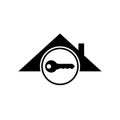 Roof house logo with key. Design template. Black and white vector clipart and drawing. Isolated simple home icon. Royalty Free Stock Photo