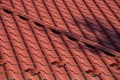 The roof of the house is made of red metal tiles, a beautiful large chimney Royalty Free Stock Photo