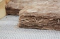 Roof Insulation. Close up on insulation layers of mineral wool insulation, house roof insulation