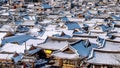 Roof of Jeonju traditional Korean village covered with snow, Jeonju Hanok village in winter, Korea.