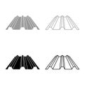 Roof metal rooftop steel profile sheets roofing concept ribbed corrugated metallic panel siding tile set icon grey black color Royalty Free Stock Photo