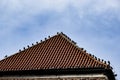 Roof with multiple birds perched along ridge Royalty Free Stock Photo