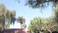 Roof of old mexican house tiled, ceramic clay tiles. Suburban California garden.