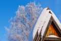 The roof of an old wooden house is covered with snow against the background of tree branches in frost and the blue sky illuminated Royalty Free Stock Photo