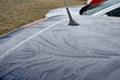 The roof of a passenger car froze with heavy flower-shaped icing. Police may fine for poorly cleaned car. there must be no snow or Royalty Free Stock Photo