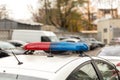 Roof of a police patrol car with flashing blue and red lights, sirens and antennas Royalty Free Stock Photo