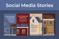 Roof repair construction improvement service social media stories set vector isometric illustration