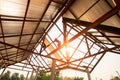 Roof repair, Construction worker installing new roof, roofing tools, power drill used on new roof with sheet metal. Roofing - Royalty Free Stock Photo