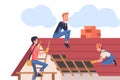 Roof Repair with People Construction Workers Characters Working Vector Illustration