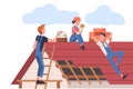 Roof Repair with People Construction Workers Characters Working Vector Illustration Royalty Free Stock Photo