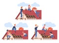 Roof Repair with People Construction Workers Characters Working Vector Set Royalty Free Stock Photo