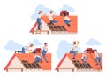 Roof Repair with People Construction Workers Characters Working Vector Set