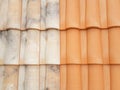 Before after roof restauration tiles half clean and dirty after the passage of a high-pressure jet Royalty Free Stock Photo