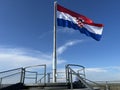 The roof structure of Vukovar water tower with a panoramic view of Vukovar and Danube / Krovna konstrukcija vukovarskog vodotornja Royalty Free Stock Photo