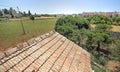 Roof in terracotta tiles of antique abandoned country house in the field with trees