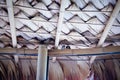 The roof is thatched from palm leaves. Natural background and traditional roof texture ,There is a bird sitting on it