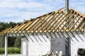 Roof trusses connected to the roof truss, not covered with a roof, with a steel I-beam instead of a corner rafter. Royalty Free Stock Photo