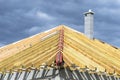 Roof trusses connected to the roof truss, not covered with a roof, with a steel I-beam instead of a corner rafter. Royalty Free Stock Photo