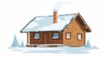 The roof of winter house is covered with snow. Wooden rural cottage with smoke coming from chimney. Small wood building Royalty Free Stock Photo