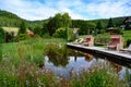 Bathing pond with gangplank, strandkorb, beach chair and blooming flowers in small valley of Black Forest, Germany