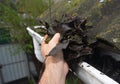 Roofer Cleaning House Rain Gutter from leaves and dirt in autumn with hands. Roof gutter cleaning Gutter Cleaning