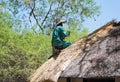 Roofer repairs the thatched roof of a house, botswana, africa
