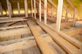 Roofing Construction Attic Insulation Interior. Wooden Roof Beams, Roof Truuses,  Frame House Attic Construction Royalty Free Stock Photo