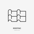 Roofing flat line icon. Illustration of metal tile roof material. House construction sign. Thin linear logo for home