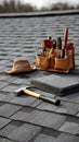 Roofing tools and equipment on shingle roof with hammer and hat Royalty Free Stock Photo