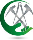 Roofing tools and hand, roofer and profession logo