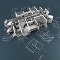 Roofless building on top of blueprints Royalty Free Stock Photo