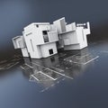 Roofless building on top of blueprints Royalty Free Stock Photo
