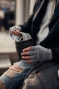 Closeup photo of beggar hands getting money Royalty Free Stock Photo