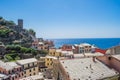 Roofs of colorful houses on hill and sea in the background, Vernazza ITALY Royalty Free Stock Photo